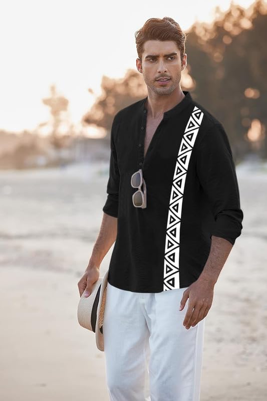 Image of FINIVO FASHION Men's Short Kurta with Printed Geometric Side Panel | Cotton Blend Full Sleeve Ethnic Topwear with Mandarin Collar | Stylish Indo-Fusion Kurta for Daily, Festive, or Casual Wear
