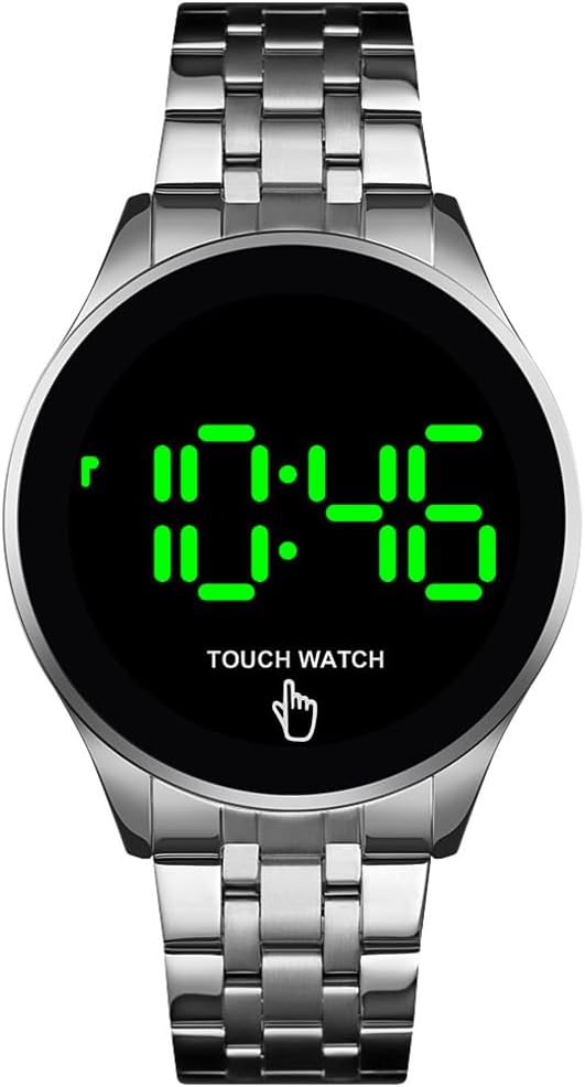 PASOY Touch Screen Digital LED Watch Green Highlight Backlight Stainless Steel WatchBand Waterproof Casual Sport Mens Womens Boys Watch (Silver)