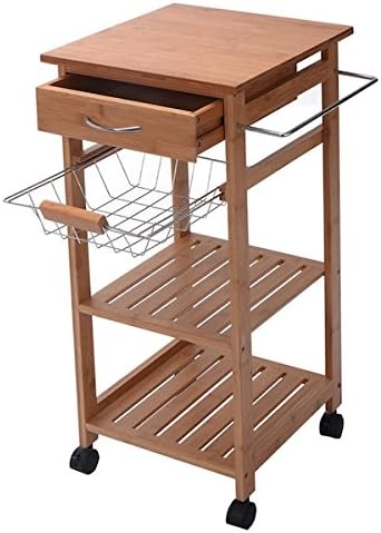 Rolling Bamboo Kitchen Island Storage Utility Cart Dining Portable Trolley Stand Storage Cabinet Drawer Shelves Chrome Plated Basket Stainless Steel Towel Rack Easy Storage