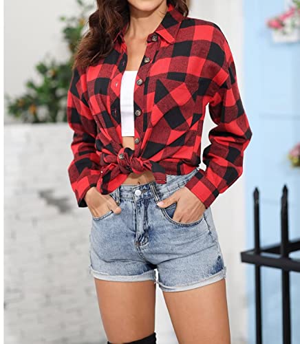 Image of Lacozy Womens Buffalo Plaid Flannel Shirt Long Sleeve Collar Button Down Blouses Tops