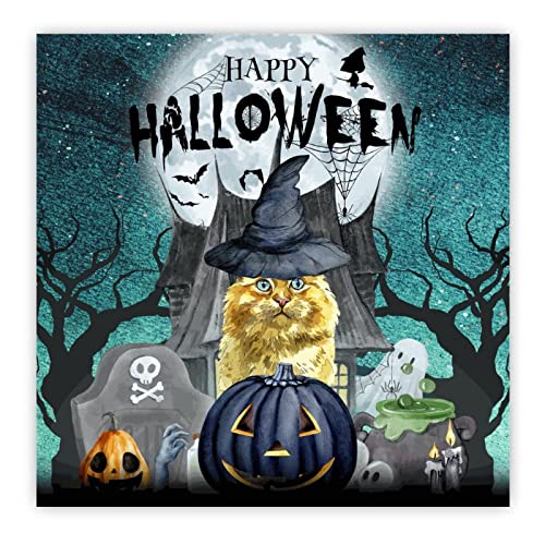 Panneau en bois Happy Halloween chat et citrouille 30x30 cm pour décoration murale suspendue d'intérieur