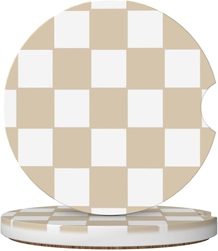 Portavasos de automóvil a cuadros marrones y blancos, paquete de 2 posavasos absorbentes de cerámica para automóvil de 2.56 pulgadas,