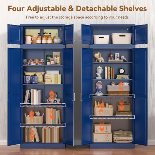 Image of Polup 86 inch Tall Metal Kitchen Pantry Storage Cabinet with Doors and Shelves | Heavy-Duty Blue Cabinet, 4 Adjustable Shelving, Gold Handles, Magnetic Latch, for Dining Living Room, Bathroom & Garage