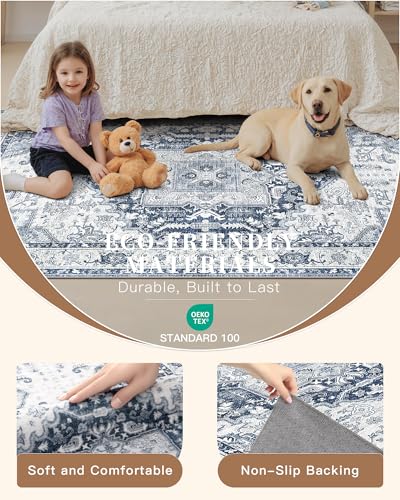 Madane Washable Area Rug 2x3, Small Entryway Rug Non-Slip Vintage Door Mat Indoor Entrance, Low Pile Floor Carpet for Inside Front Door Bedroom Kitchen Entry Laundry (2'x3', Navy/White)