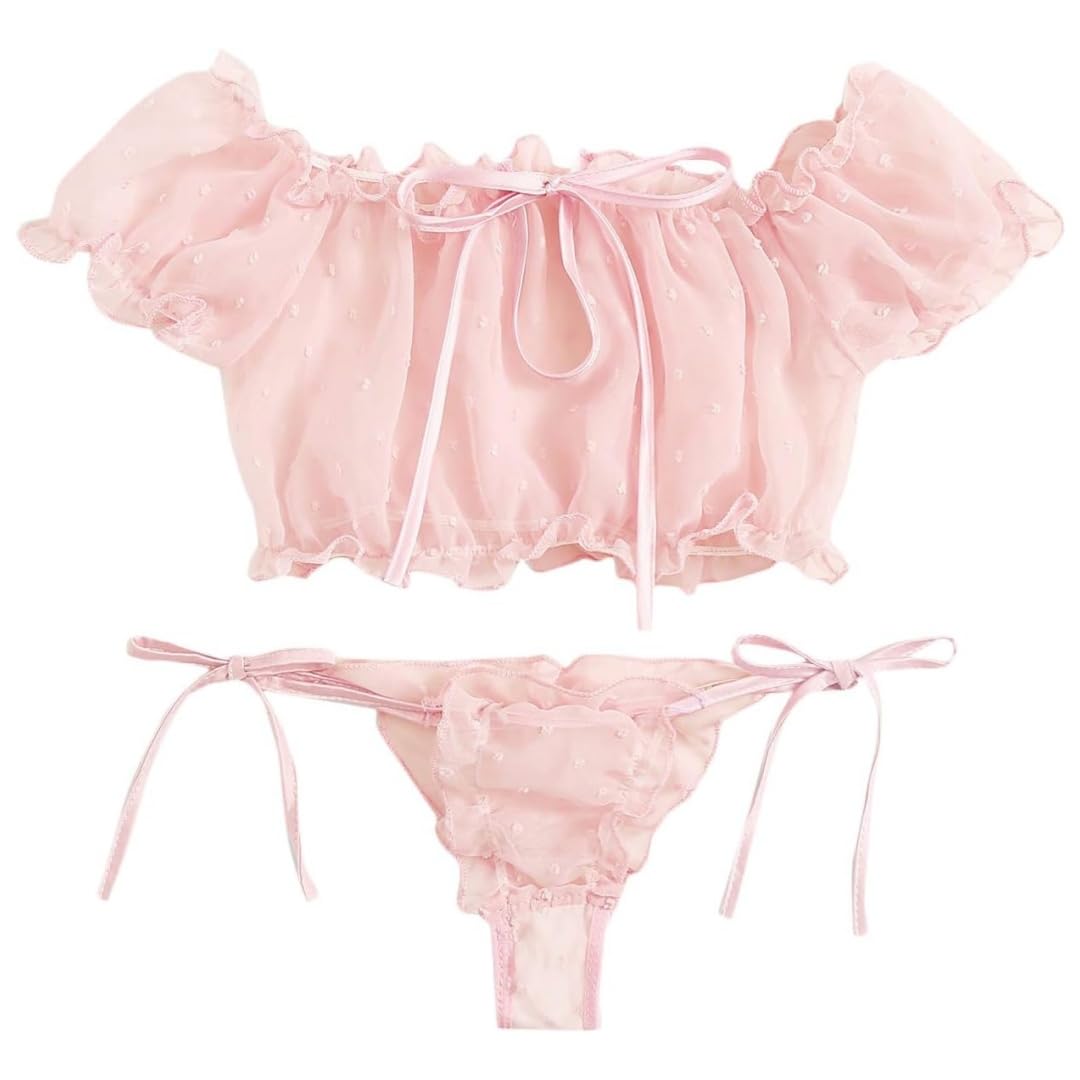 Sexy outfit Damskie seksowne biustonosze i majtki w kropki komplety bielizny Babydoll Strappy przezroczyste wykończone frędzlami bielizna z uroczą kokardką G String