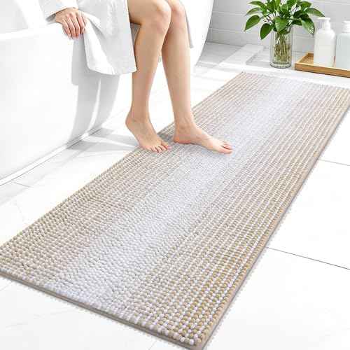 Image of OLANLY Bathroom Runner Rugs 47x20, Extra Soft Absorbent Chenille Striped Bath Rugs, Rubber Backing, Machine Wash Dry, Long Bath Mats for Bathroom, Tub, Shower, Home Decor Accessories, Beige
