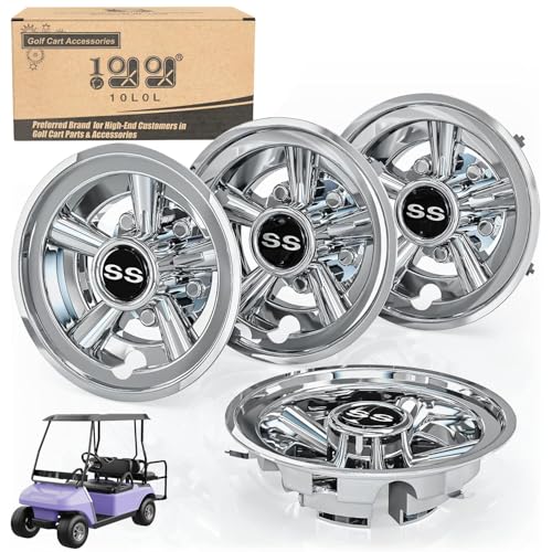 10L0L Golf Cart 8 Inch Ss Wheel Covers Hub Caps For Yamaha, Ezgo, Club Car, Snap-On Installation, Chrome, Set Of 4