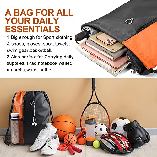 Image of BeeGreen Oranage Drawstring Backpack Bag With Water Bottle Pocket &Front Zippered Pocket Sport Gym String Backpack Sackpack For Men Women