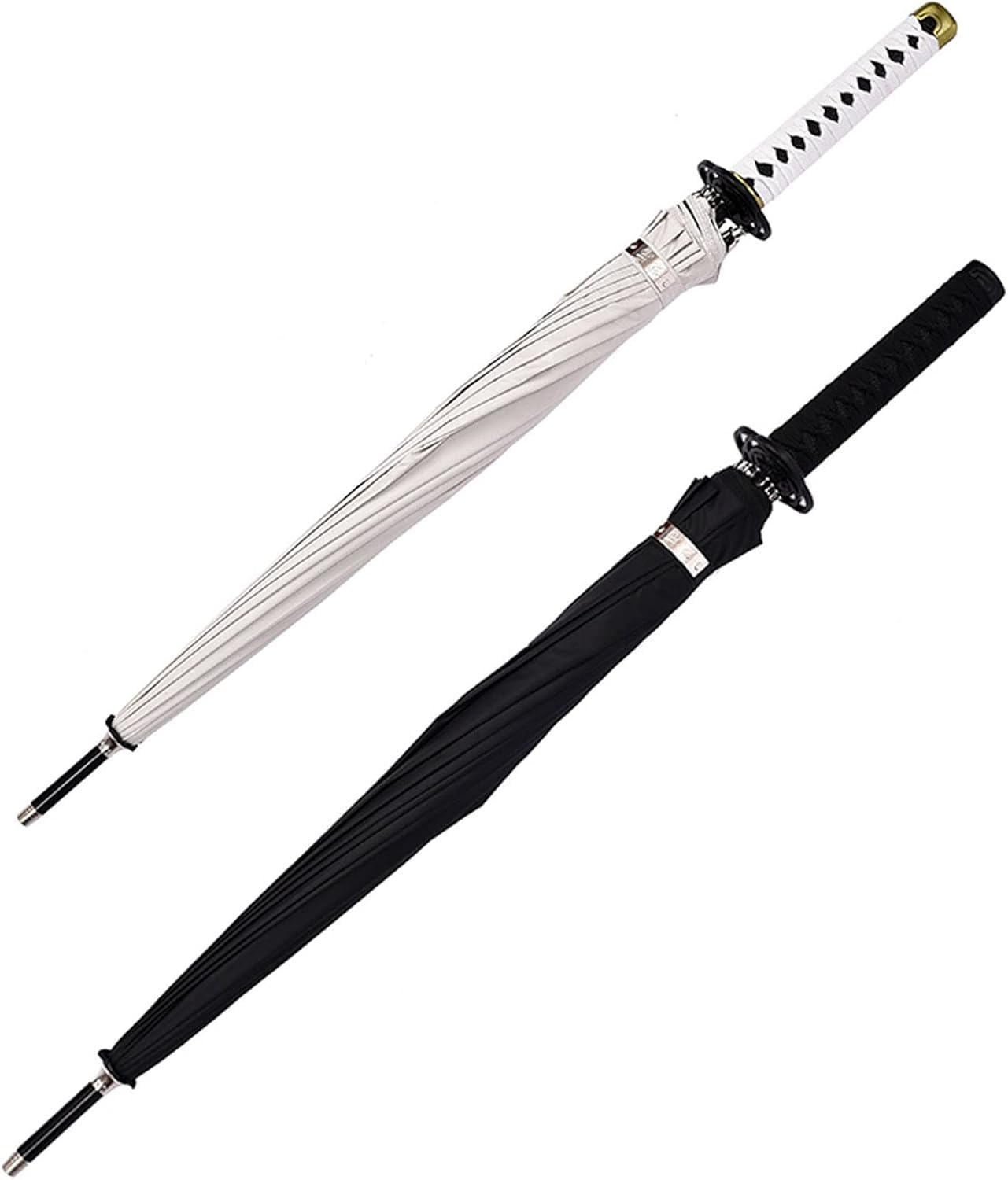 Spada samurai con ombrello a manico lungo, ombrello da golf, protezione da pioggia e sole e antivento, stecche in fibra (16 ossa), diametro 105 cm, adatto per 1 o 2 persone, manuale, bianco