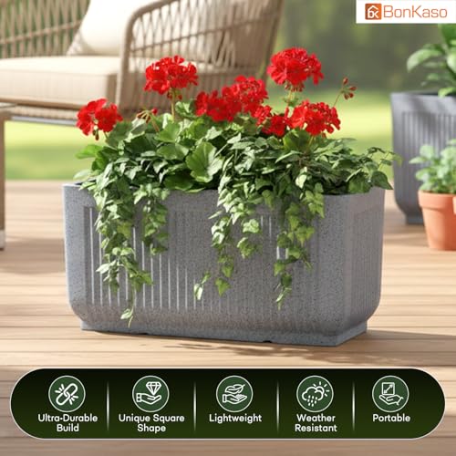 Image of BonKaso 24 Inch Window Planter for Indoor & Outdoor | Heavy Duty Durable Polymer Flower Pot Gamla | Lightweight Rectangular Modern Planter for Balcony, Terrace, Living Room & Office Decor (Light Grey)