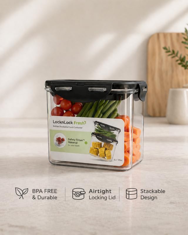 Image of LocknLock Bisfree Modular Storage Container Setof 2 (1000ml + 1800ml) | Stackable Airtight Food Containers | Microwave, Freezer & Dishwasher Safe | BPA Free Kitchen Storage Boxes