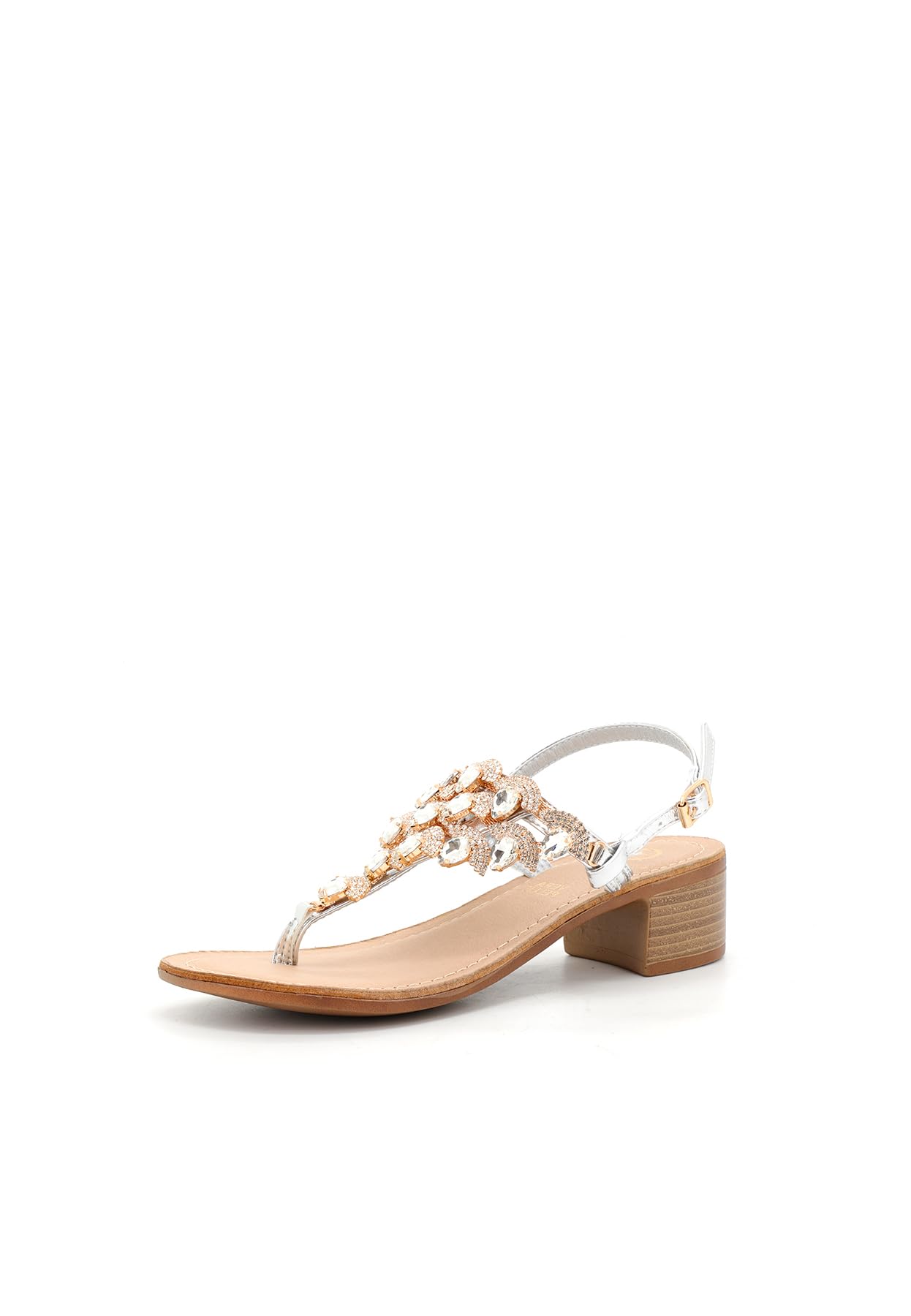 QUEEN HELENA Sandali Gioiello Infradito con Tacco Basso con Strass Eleganti Donna Y6024 (Argento, Sistema Taglie Calzature EU, Adulto, Donna, Numero, Media, 39)