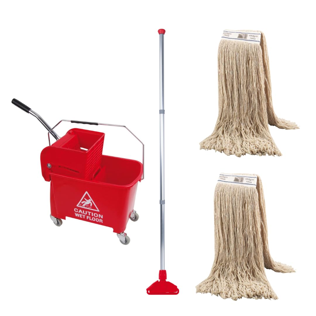 20L Industrial Mop and Bucket Set Commercial Kentucky Wringer Heavy Duty Cleaning For Schools Restaurants Shops Offices (Red Mop Set)