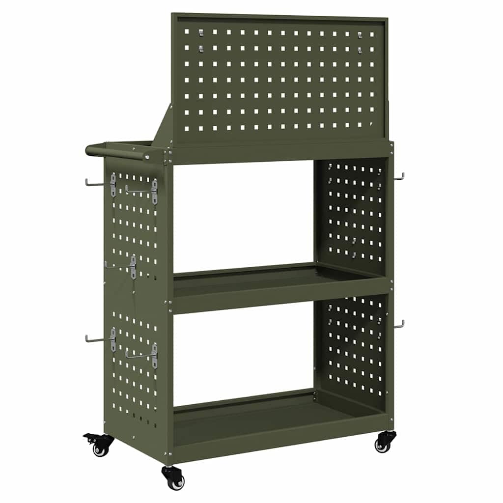 Carrello portautensili verde oliva 65x35x111cm in acciaio laminato a freddo con 3 ripiani, 12 ganci, ruote bloccabili, ideale per officina, garage, sala hobby, mobile e salvaspazio
