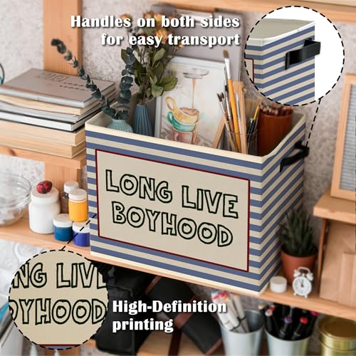Image of Long Live Boyhood Boys Storage Bins Box with Handles, Retro Blue Striped Collapsible Basket Organizer for Kids Boy Nursery Room Bedroom Bathroom Playroom Books Clothes