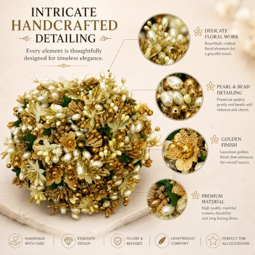 Image of Hair Flare Gilded Floral Hair Juda Bun, Golden and Green bun adorned with glossy artificial flowers, beads, and pollen. Includes Juda pins 2828
