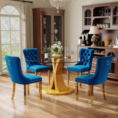 Image of 5-Piece Dining Table Set with 47In Tempered Glass Table and 4 Velvet Upholstered Chairs, Modern Scandinavian Furniture for Dining Room Kitchen(Blue&Gold)