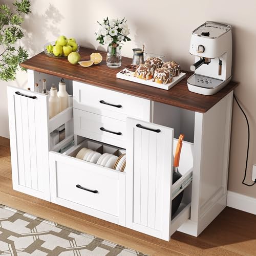 DWVO Farmhouse Buffet Cabinet with Storage, 47" Sideboard with Drawers, Large Kitchen Storage Cabinet Coffee Bar Cabinets for Living Room, Antique White