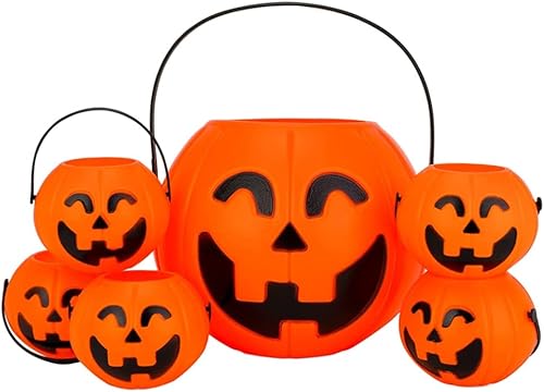 Cubos de calabaza portátiles de Halloween, juego de 6 unidades, cubo grande de dulces de calabaza con cubos pequeños de Jack-O-Lantern, soporte de