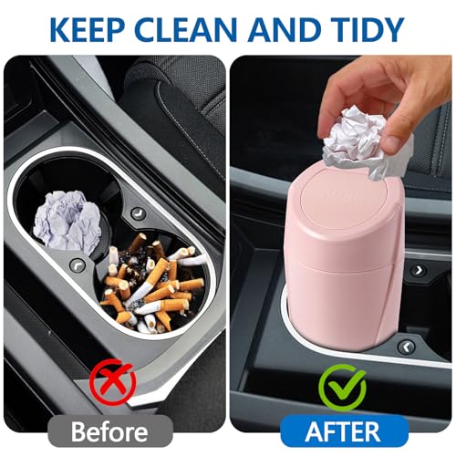 Image of Hovom Mini Car Trash Can with Lid, Portable Garbage Can for Car, Leakproof Cup Holder Automotive Garbage Bin with 2 Rolls of Trash Bags, Small Trash Storage Can for Car Home Office(Pink)