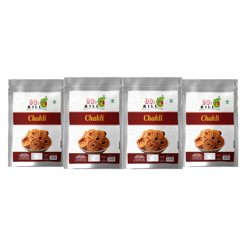 90's MILL Andheri Bhajni Chakli Murukku Namken | Chakli Chakoli Delicious Namkeen & Snacks | Vegan Namkin | No Artificial Preservatives | Ready to Eat Snacks Murukku | Namkeen Snacks-1Kg*4Pack