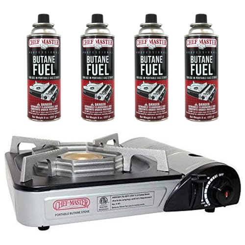 Comparison: Best Portable Stove For Indoor Use 8 Chef Master 90011 Butane Countertop Stove w/ 4 x 8oz. Butane Fuel Canister Combo, 10,000 BTU Output Brass Burner Portable Stove for Immediate Use, Outdoor Cooking, Emergency, Hiking, Camping Essential