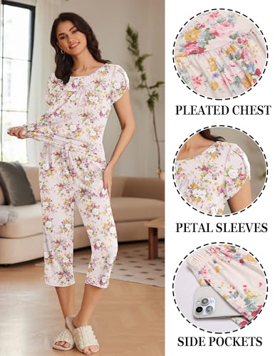 Image of Ekouaer Women's Capri Pajama Set Short Sleeve Mumu Pjs Pleated Top Capri Pants with Pockets Sleepwear Lounge Set
