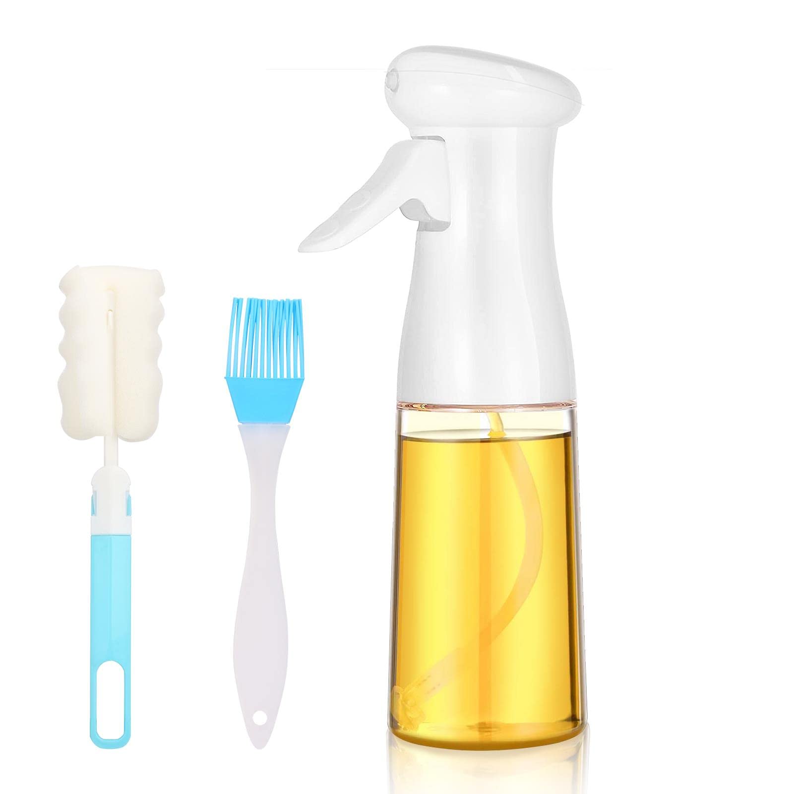 E-BestarOil Spray Bottle 200ml, Refillable Transparent Olive Oil Sprayer Dispenser with Silicone Brush, Vinegar Mister Gadgets for Kitchen Cooking Air Fryer BBQ Grilling Baking Salad, White