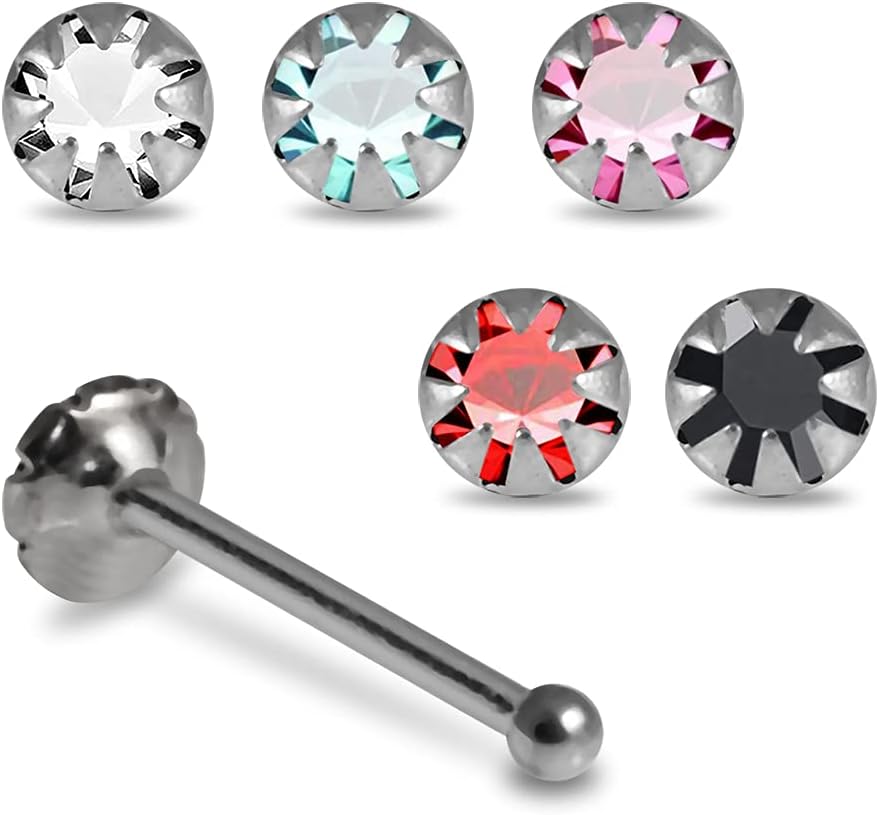 Flower Set Round Crystal Stone 22 Gauge 925 Sterling Silver Ball End Nose Pin - Nose Stud - Tiny Nose Ring - Nose Piercing Body Jewelry