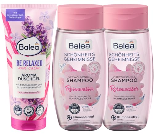 Balea 3er-Set-Körperpflege: Aroma Duschgel RELAX beruhigendes & entspannendes Duscherlebnis mit ätherischem Öl, 200 ml + Shampoo ROSENWASSER Glanz & Leichtigkeit für normales Haar, 2 x 250 ml, 700 ml