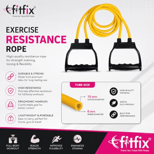 Image of Fitfix Yellow Resistance Exercise Tube 25Kg Resistance 55 lbs Workout Exercise Band Tube with Handle for Home Gym Use Resistance Bands for Pull Ups, Stretching Toning Tube for Warm Up