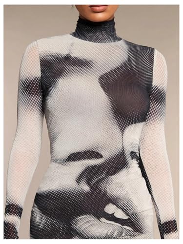 GORGLITTER Women's Color Block Mesh Bodycon Mini Dress Figure Print High Neck Slit Fall Dresses4