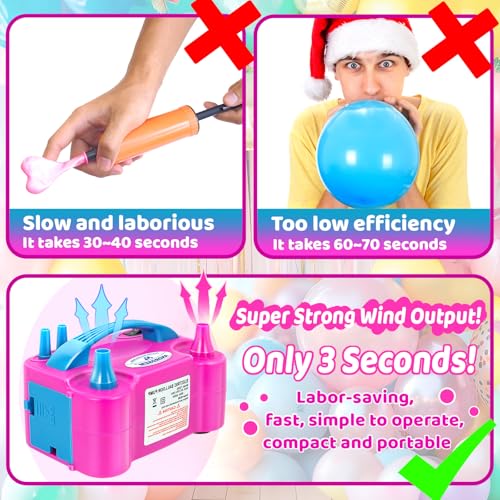 Bomba de aire eléctrica para globos Anordsem: carcasa de plástico polipropileno con boquilla doble - inflado rápido para todos los globos en casa - máquina sopladora con atador/cinta para decoración de fiesta DIY para padres miniatura 5