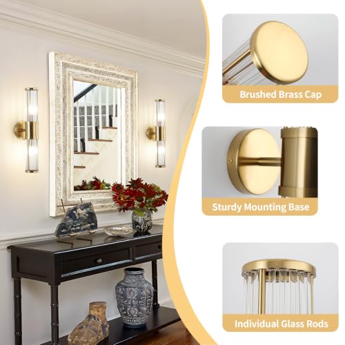 Image of Brushed Brass Wall Sconces Set of 2, Bathroom Sconces with Clear Glass Rods Shape, Modern Vanity Light Fixture for Living Room Bedroom Hallway (Bulbs Not Included)