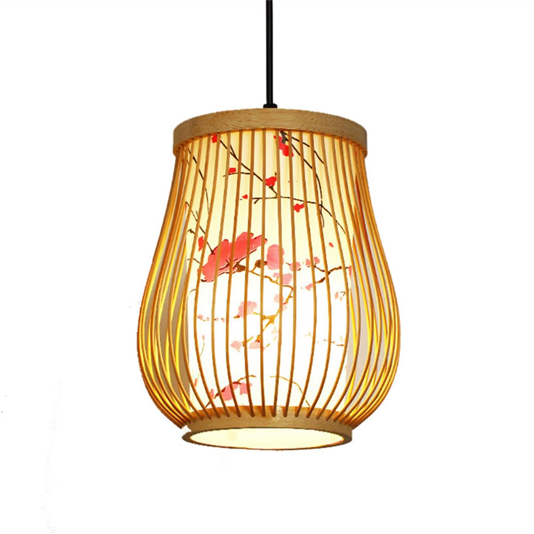Lámpara Colgante Pequeña Única De Estilo Zen Chino Con Pantalla De Mimbre Y Estampado De Imitación De Pergamino, Farol De Bambú, Lámpara Colgante Para Sala De Estar, Comedor Y Cocina