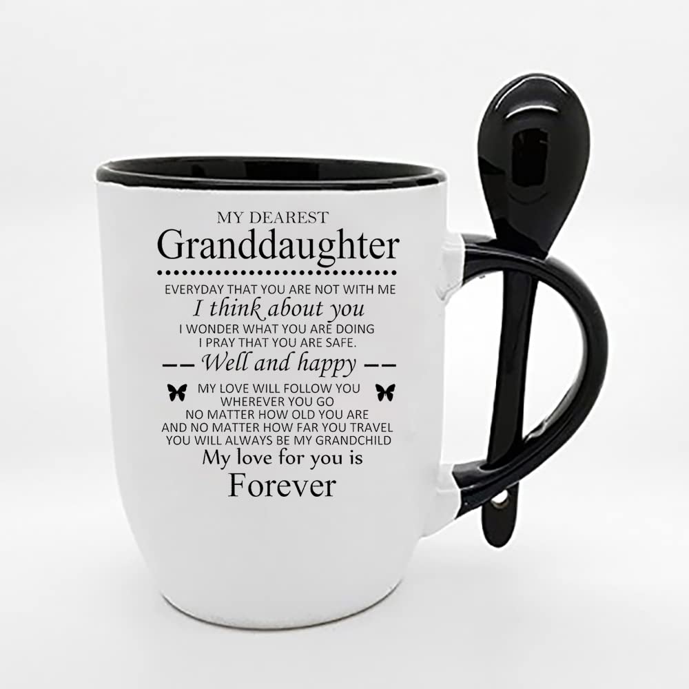 Granddaughter Gifts from Grandma, Grandad, Birthday, Christmas, Thanksgiving Gifts, Gift for Girl Coffee, Tea Mug Unique Spoon Ceramic Mug. (Black)