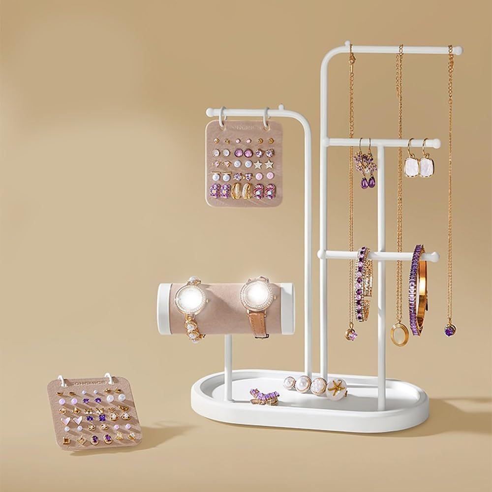 Porte-Bijoux Organisateur de Bijoux Multifonctionnel, Support en Fer for Colliers, Boucles d'oreilles, Montres et Bracelets | Blanc