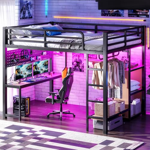 Image of Bellemave Metal Queen Size Loft Bed with Desk and LED Lights,Heavy Duty Loft Bed Frame with Storage Shelves and Charging Station for Kids,Teens,Adults, Space Saving,Black