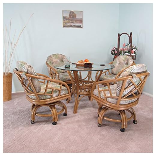 Made in USA Rattan Swivel Caster Chair and Table 5 Piece Dining Set (#2406H-IS)