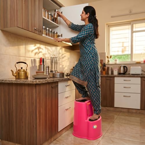 Image of Multipurpose Step Stool with Anti-Skid Surface for Home, Kitchen & Office | Premium Plastic Ladder Stool | 220 kg Hight Weight Load Capacity | 60 x 47 x 51.5 cm  (Pink)