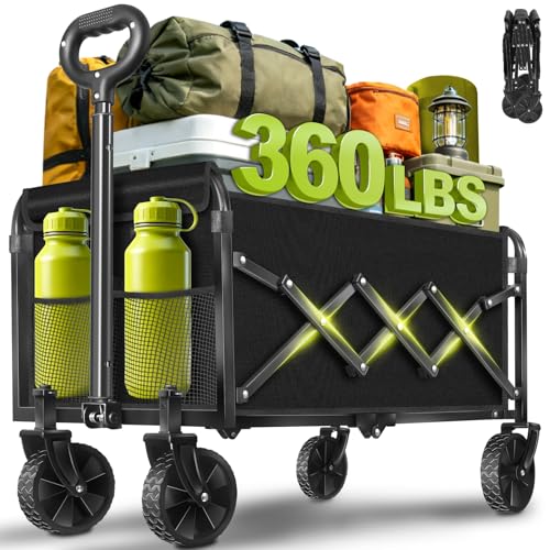 Pitch-black folding wagon with twin cup holders and swivel rear wheels — 10.6 lb frame with 260 lb rolling load