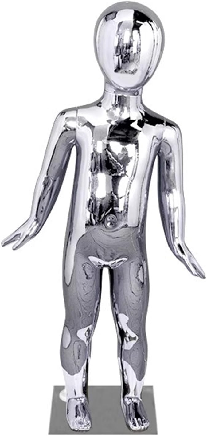 Glossy Fiberglass Child Mannequin Dress Form, Full Body Display for Ages 6-8 & 10-12, Silver Youth Manikin Dummy, 31in Height, Ideal for Baby Kid Clothing & Cosplay Sho