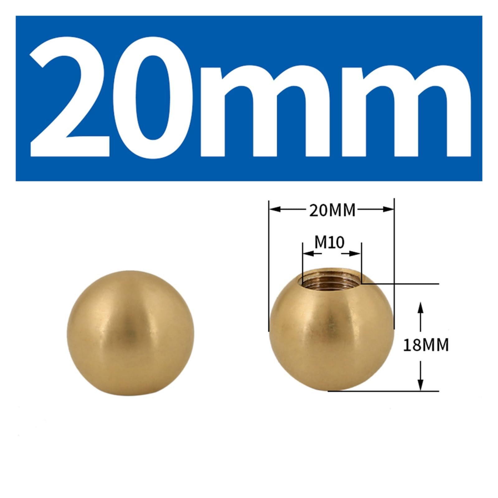 M2 M3 M4 M5 M6 M8 M10 M12 Messingkugel mit Gewinde, Halblochbohrung, Messingkugel im Sackloch, 5/6/7/8/9/10/11~60 mm(M10x20mm)