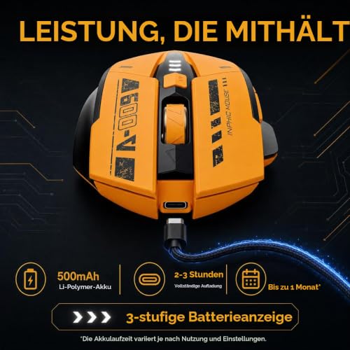 inphic A9 Kabellose Gaming‑Maus, wiederaufladbar, 12800 DPI, RGB – Ansicht 4