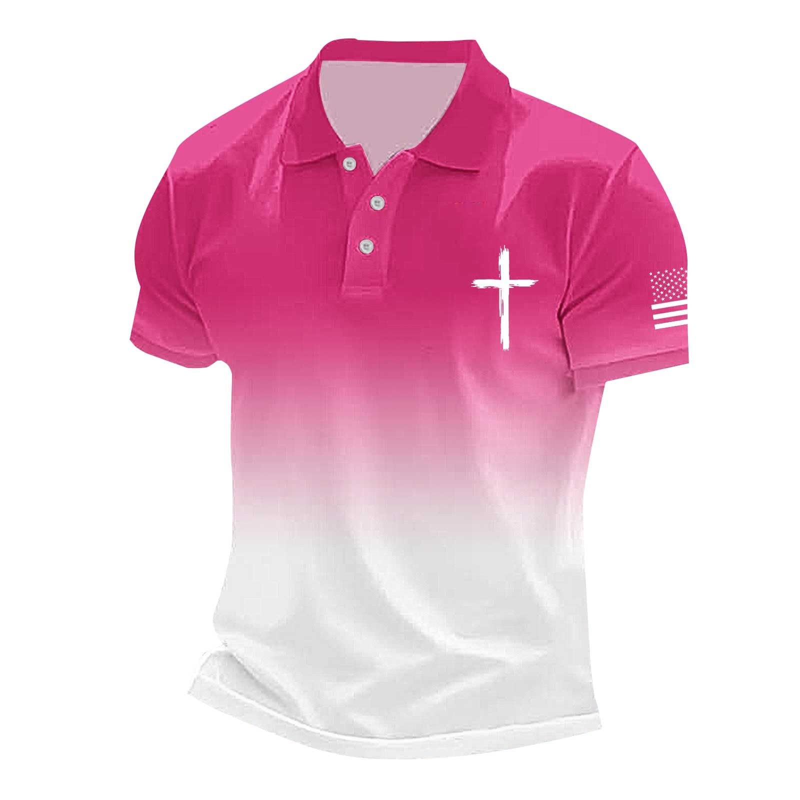 Christian Polo Shirts for Men Casual Active Performance Golf Shirt Cross Print Short Sleeve Breathable Collared Tee Tops, Z01-Hot Pink, S