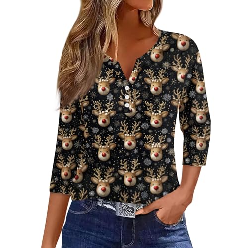 Image of Women Christmas Shirt 3 /4 Length Sleeve Henley Tops Xmas Outfits