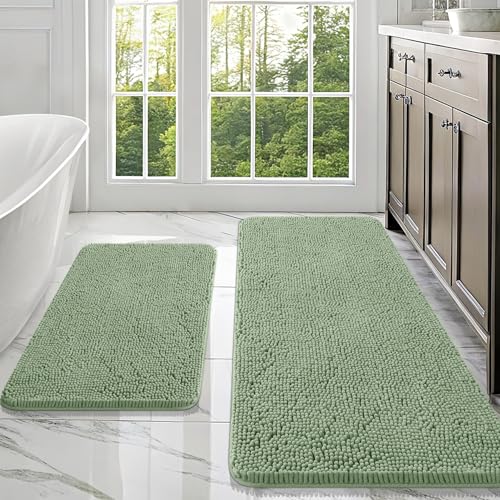 Image of OLANLY Bathroom Rugs Sets 2 Piece, Soft Absorbent Chenille Bath Mats Area Rug Set, Non-Slip, Quick Dry, Machine Washable Bath Mats for Bathroom, Home Decor Accessories (47 inchx20 inch+30 inchx20 inch, Sage Green)