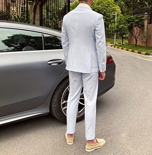 HZUOU Men's Striped Seersucker Suits 2 Piece Slim Fit Wedding Tuxedos Summer Beach Leisure Suits Sets HZH104