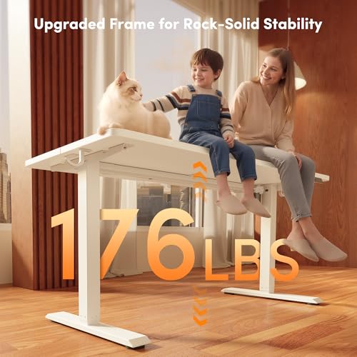Image of FEZIBO 55 x 24 Inchs Electric Standing Desk, Height Adjustable, Sit Stand Up, Computer Office Desk with Splice Board, White Frame /White Top