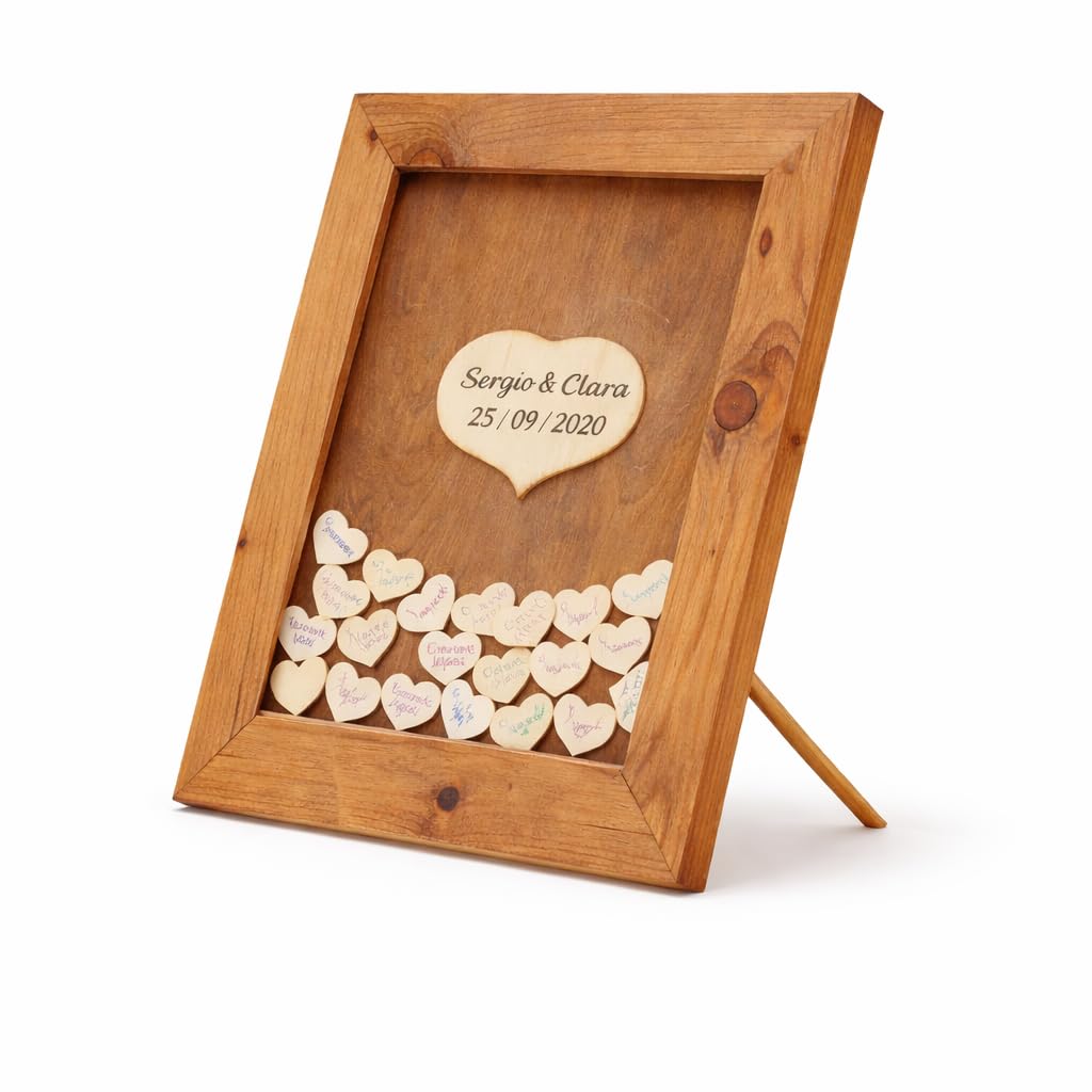 Libro de Firmas Boda con 100 Corazones de Madera y Marco Rústico 45x55 cm – Personalizable – Regalo Original para Bodas, Aniversarios y Bodas de Oro